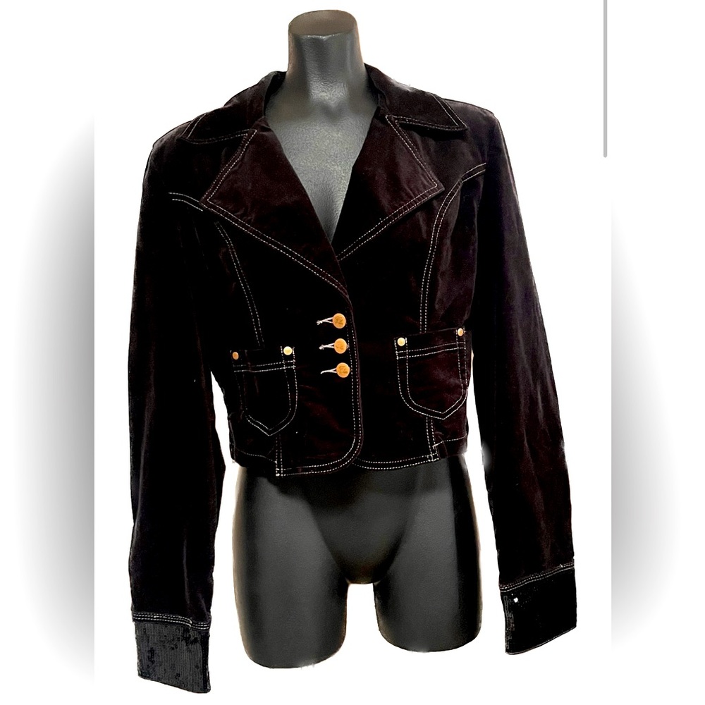 FUBU stylish NWOT black button up crop jacket with Sequin cuffs Y2K retro sz M